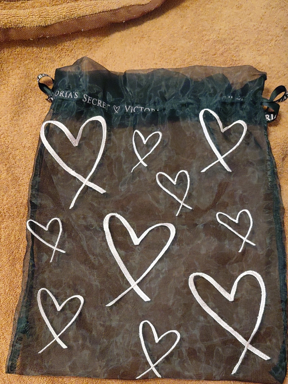 Victoria's Secret Black Sheer Drawstring Pouch with Pink Heart Accents Lingerie